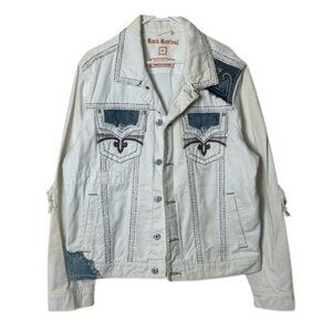 Rock Revival white embroidered distressed heavyweight denim jacket XL